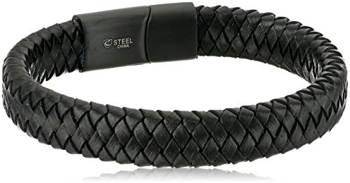 Mens Stainless Steel Black Braided Leather Bracelet (12mm Wide), 8.75-Inch