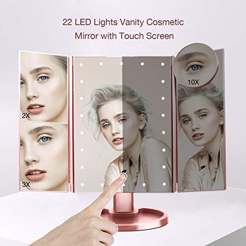 Makeup Mirror with 10X 3X 2X 1X Magnification, Touch Screen Trifold Vanity Mirror 22 LED Cosmetic Lighted Up Mirror, Dual Power Supply