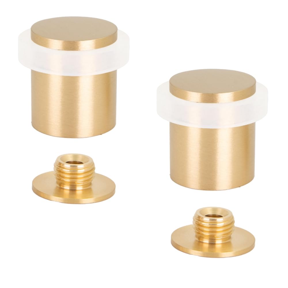 EVI Herrajes | Pack of 2 Brass Door Stops | Ø24x30mm | Floor Mounted | Matte Finished Brass | White Silicone Protection | Includes Screw + Fastening Plug | Model I-18024X30-BCB