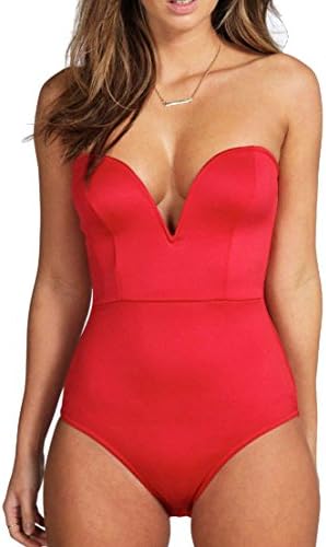Cecilia Pink Women's Red Strapless Plunge Bandeau Neck Thong Cut Bodysuit (XL,Red)