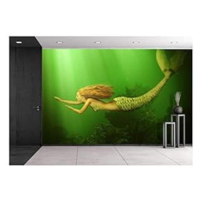 Fantasy. Beautiful Woman Mermaid with Fish Tail and Long Developing Hair Swimming in The Sea Underwater - Removable Wall Mural | Self-Adhesive Large Wallpaper - 66x96 inches