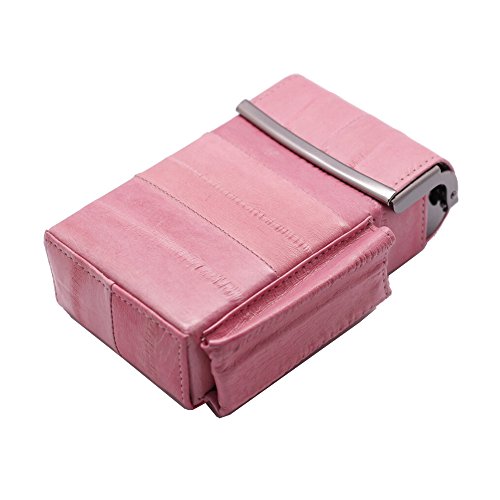 Automatic Rising Genuine Eel Skin Leather Sliding Cigarette Case with Lighter Holder (Baby Pink)