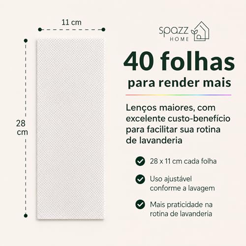 Spazz Home Lenços Antimanchas, 40 Folhas Grandes 28 x 11 cm, Proteção Contra Transferência de Cor, Ajuda a Evitar Manchas na Lavagem, Para Roupas Claras, Escuras e Coloridas