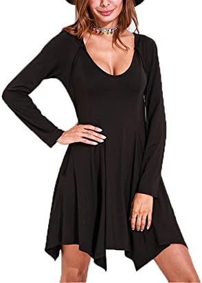 CYimejo Elegant Spring Plain Short Mini Long Sleeve Deep V Neck Irregular Hem Swing Skater3XL Black S