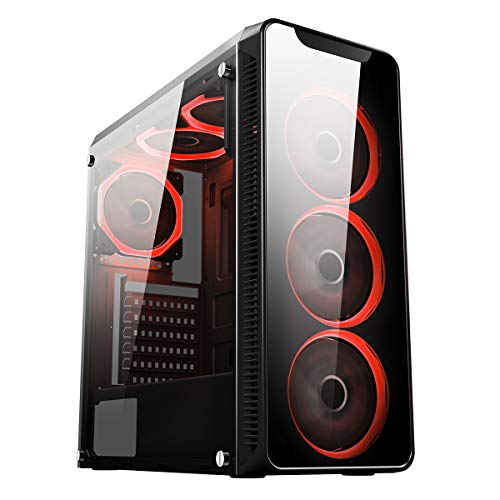 CiT CIT-Blaze-RED Gaming Case with 6 x Single Ring Red Fans Tempered Glass Side Window - Black