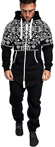 Zainafacai Fashion Men's Casual Xmas Print Hoodie Jumpsuit Onesies Nightwear- Assorted Colors