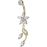 Pierced Owl 14GA 316L Stainless Steel CZ Crystal Flower with Dangling Marquise Vine Belly Button Ring