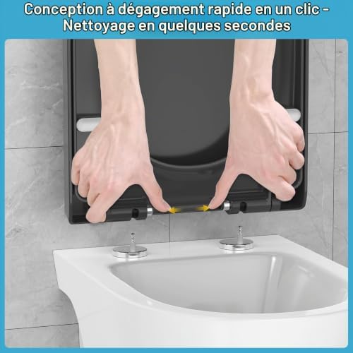 Abattant WC avec frein de chute Forme D, – Cuvette Toilette en PP avec Démontage Rapide, Patins Antidérapants et Gabarit d’installation – Silencieux et Durable, Gris 43,5 * 36,2 cm