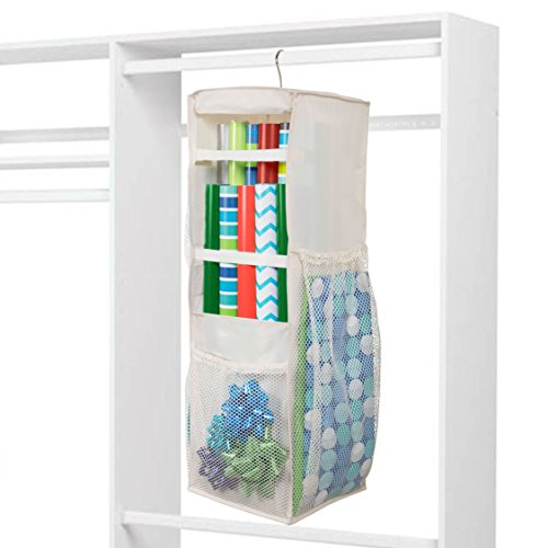 HomeCrate Hanging Wrapping Paper And Bow Organizer With 6 Mesh Compartments - In Beige 11" X 10" X 32" - Thumbnail 7