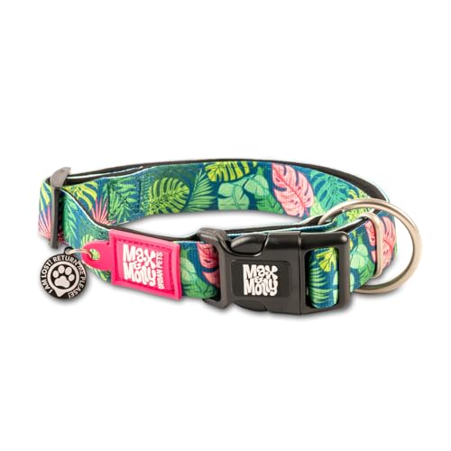 Max & Molly Fashion Smart ID hondenhalsband, zacht gevoerd neopreen, anti-vervaging, verstelbare maat, Smart ID QR-tag, waterdicht en machinewasbaar (halsmaat 13-21 inch) tropisch ontwerp, medium