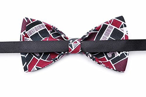 Solatin Mens Pre-Tied Satin Bowtie Adjustable Length Solid Color Patterned bow tie (A12 Red Geometry) - Thumbnail 2