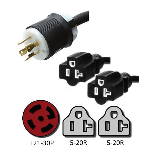 NEMA L21-30P to 2x 5-20R Y Splitter Cord - 10 Foot, 20A/125V, 12/3 AWG - Iron Box # IBX-2141-10