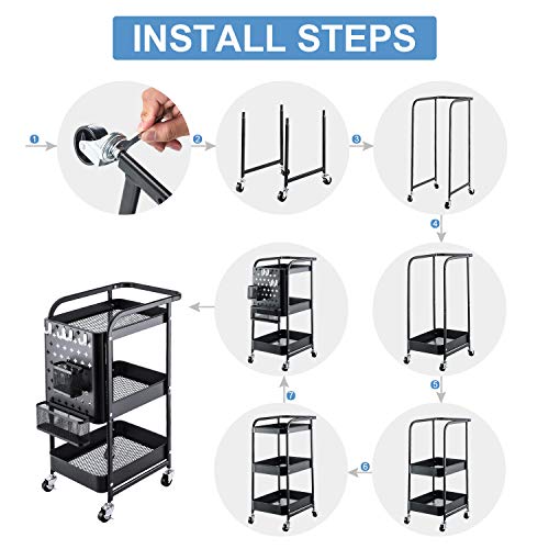 Titan Mall Metal Storage Rolling Cart, 3-Tier Organizer Cart with Removable Pegboard Hooks and Utility Handle for Kitchen Office Classroom, Black - Thumbnail 7