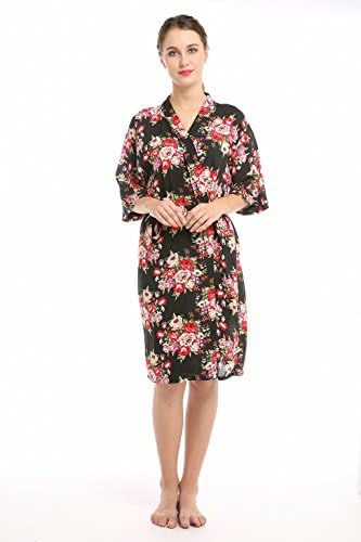 YueQiW Women's Cotton Short Floral Wedding Nightgown - Bridesmaids Dressing Robe(Medium,Black)
