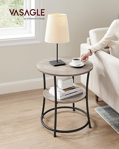 VASAGLE Side Table, 2-Tier Round End Table, Nightstand with Steel Frame for Small Spaces, Living Room, Bedroom, Heather Greige and Ink Black | 2 Shelves
