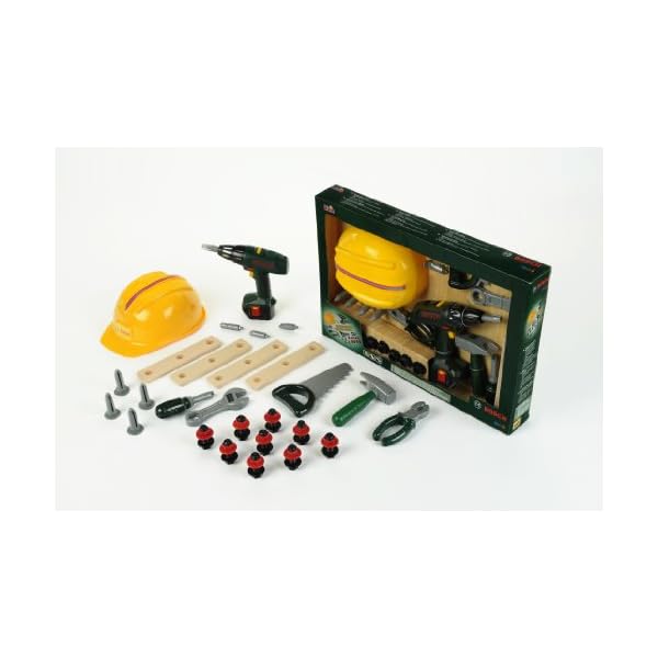 Theo Klein 8418 Bosch Handwerker-Set, 37-teilig I Kinder-Akkuschrauber mit Licht & Sound I Werkzeug und Werkbank- Zubehör wie Hammer, Säge, Bauarbeiter-Helm u.v.m. I Spielzeug für Kinder ab 3 Jahren – Bild 4