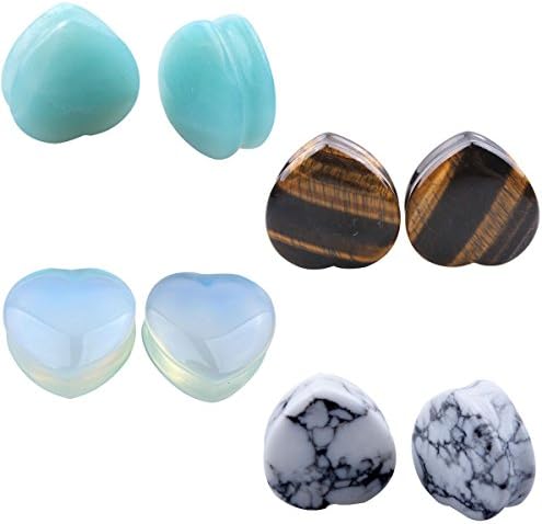 4 Pairs Heart Shape Natural Stone Ear Plugs Piercing Set Stretching Expander Body Jewelry (16mm=5/8'')