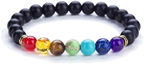 XAvoe Fashion Yoga 7 Chakra Crystal Beads Hamsa Hand Charm Healing Stone Bracelets for Women and Men (BLYG-Matte black agate)