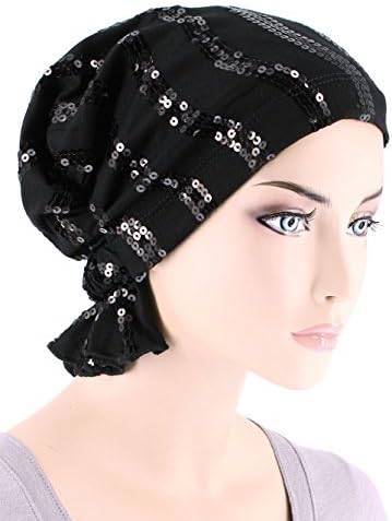Abbey Cap Women's Chemo Hat Beanie Scarf Turban Headwear for Cancer Cotton Sequin Black