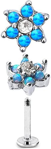 16g 5/16'' Stainless Steel Internally Threaded Fire Opal Cabochon Labret Monroe Lip Tragus Piercing Bar Body Jewelry Ring (Flower Top (OP05))