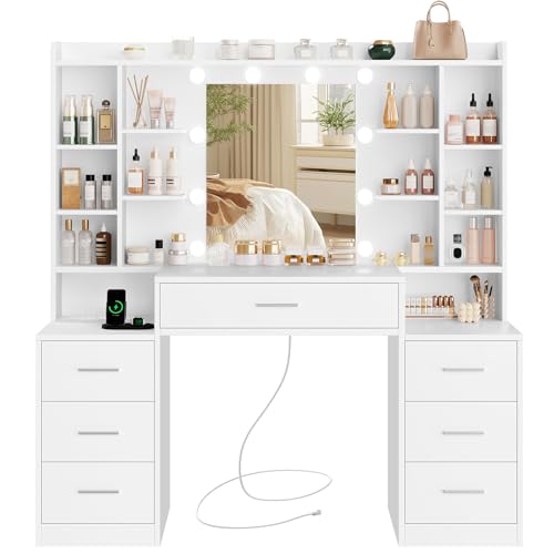 TEENFON 47.2” Large Vanity Desk with 7 Drawers & 15 Open Shelves, Makeup Vanity with 10 LED Lights & Power Outlet, Vanity Desk with Mirror and Lights, Dressing Table for Bedroom, White