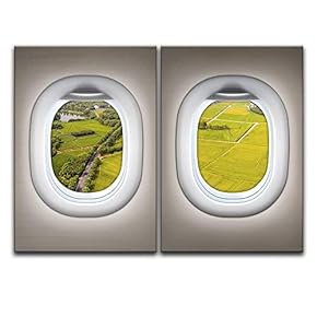 2 Panel Canvas Wall Art - Brown Plane Window Seat Grass Plain Roads View - Giclee Print Gallery Wrap Modern Home Art Ready to Hang - 16"x24" x 2 Panels