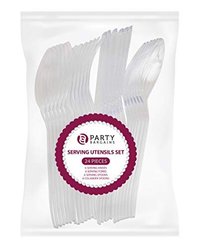 Disposable Clear Plastic Serving Utensils Set | Excellent for Weddings, Buffet and Parties | Includes 6 Forks, 6 Spoons, 6 Slotted Spoons and 6 Cake Knives | 9.5 inches | 24 Count