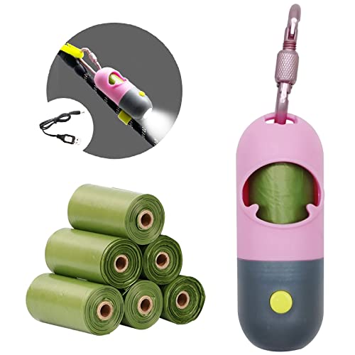 Morn Light 2 Pack Dog Poo Bag Holder with FlashlightDog Poop Bag Dispenser with Leak-Proof Green Poop Bags for Dog Walking(Rechargable,2 Dispenser 60 Bags) (Pink)