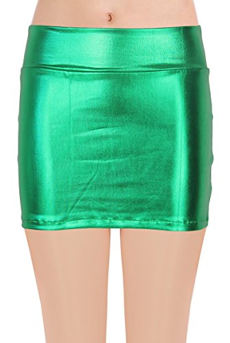 JustinCostume Women's Shiny Metallic Liquid Short Mini Skirt (S, Green)