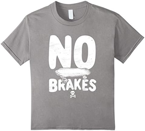 Kids No Brakes Skull &amp; Crossbones Skateboard Apparel T-Shirt 12 Slate