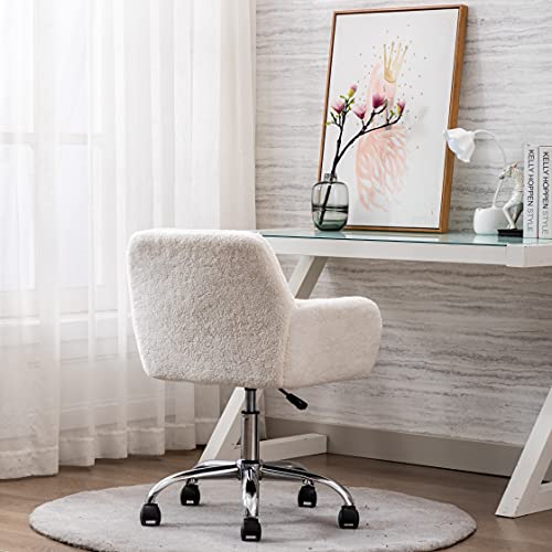 SSLine Faux Fur Vanity Chair Elegant White Furry Makeup Desk Chairs for