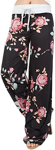 Ensasa Women's Wide Leg Pants Drawstring High Waist Floral Printed Black Casual Loose Yoga Pants, Black, XXX-Large