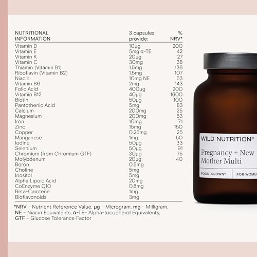 WILD NUTRITION ​​Food-Grown Pregnancy + New Mother Multi | Pregnancy Vitamins for Women with 400μg Folic Acid | Prenatal Vitamins for Women to Support Fatigue | Pregnancy Nausea Relief | 90 Capsules