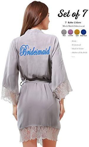 GoldOath Wedding Robes for Bridal Party Set of 7 Women's Cotton Kimono Robe Gifts to Bride Bridesmaid with Lace Trim V-Neck
