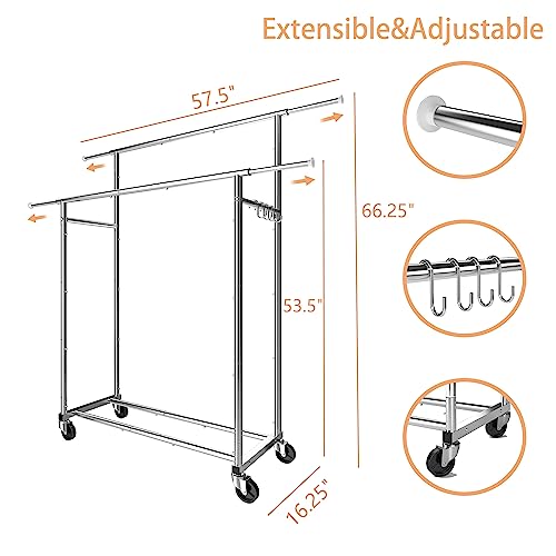 Simple Trending Double Rod Clothing Garment Rack, Rolling Clothes