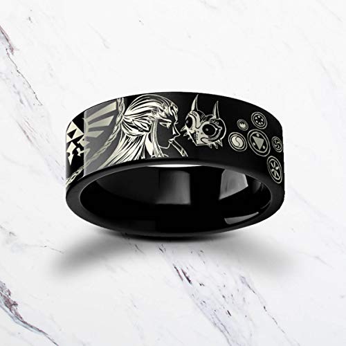 Engraved Triforce Zelda Design Ocarina Link Master Sword & Shield Majora Inverted Midnight Black Tungsten Ring Flat Polished - 4mm to 12mm