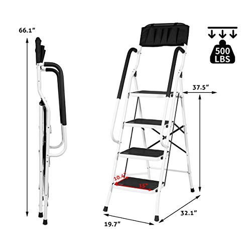 Go Big 4 Step Folding Portable Home Ladder Stool, Ladder with Tool Bag