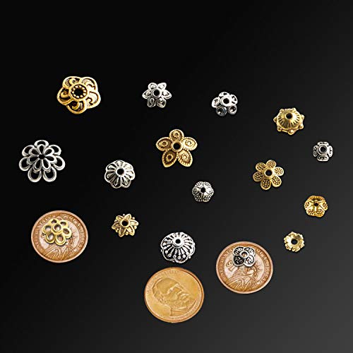 Jewelry Making Metal Bead Caps - 160 Pcs Bali Style Mixed Tibetan Silver Gold Bead Caps Spacers Flower Jewelry Findings Accessories for Bracelet Necklace Jewelry Making