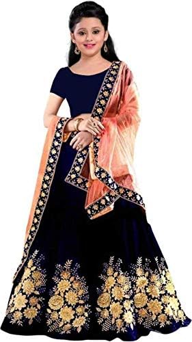 Shreenathji Fashion Girl's Faux Silk Semi-Stitched Lehenga Choli (K_Blue01Floral_Blue_Free Size)