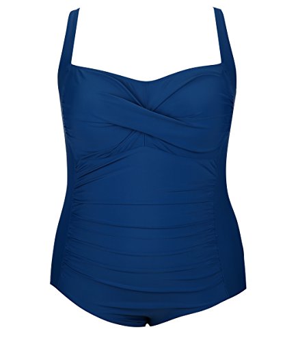 BANDEA Solid Plus Size Swimwear Bathing Suit for Women, Ruched Tummy Control One Piece Swimsuits Blue 2XL(US18-20)