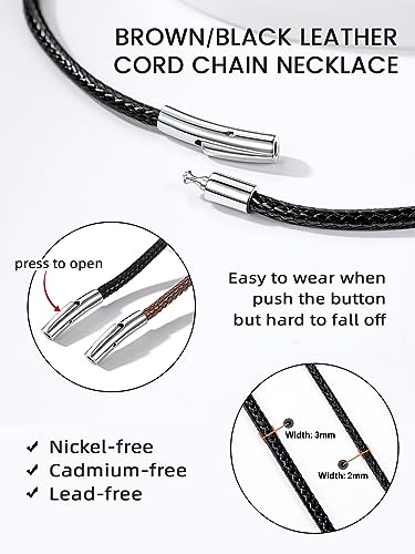 Bestyle Leather Chain Necklace 2 mm/3 mm Leather Chain Cord with Stainless Steel Clasp for Men 40 cm-76 cm