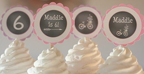 12 - Pink Lavender Purple Rustic Bicycle Spring Girl Theme Birthday Cupcake Toppers - Party Packages, Favor Tags, Banners, Door Signs Available