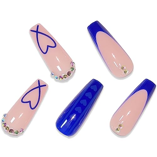 BABALAL Coffin Press on Nails Long Fake Nails Blue French Tip Heart Glue on Nails Rhinestone Ballerina Acrylic Nails for Women and Girls 24Pcs Valentines Nails Press on - Image 2
