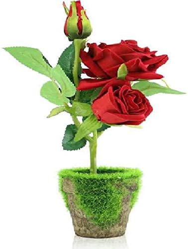Victory Royal Artificial Roses Bonsai Flowers with Ceramic Pot (Red, 3 Heads).