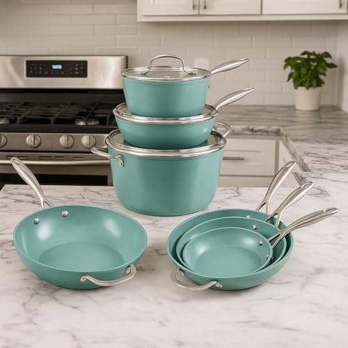 JadeCook Batería de Cocina de 10 piezas Juego de Cocina Acero Inoxidable Jade Chef Antiadherente con 6 Capas de Recubrimiento