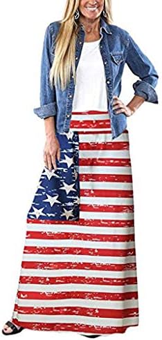 Midress Women's Full/Ankle Length Striped Summer Bohemian July 4th American Flag Printed Long Maxi Skirt Beach Skirt