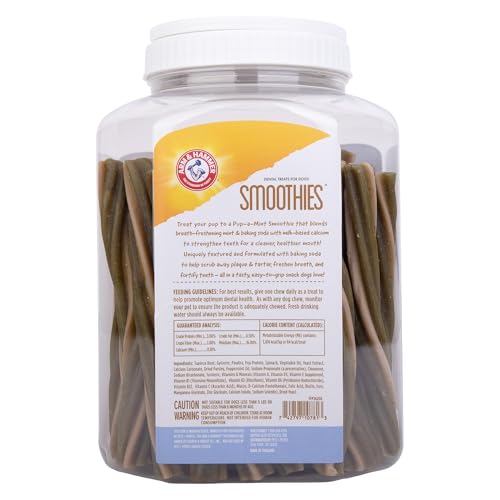 ARM & HAMMER FOR PETS SMOOTHIES DENTAL TREATS FOR DOGS WITH BAKING SODA AND CALCIUM, TREAT CHEWS HELP FIGHT BAD BREATH, PLAQUE & TARTAR WITHOUT BRUSHING, MINT, 57 PCS (PACKAGING MAY VARY)