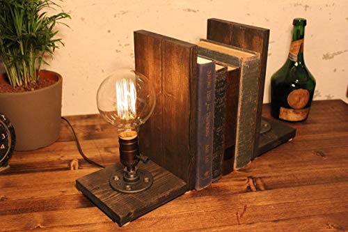 Industrial bookend Steampunk table pipe lamp with Globe Edison bulb and Weathered wood base