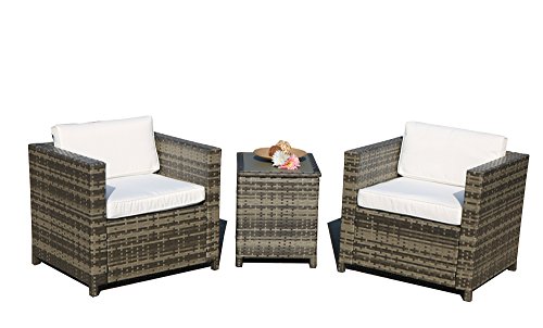 PATIOROMA 3 Piece Outdoor Conversation Set, PE Wicker Rattan Furniture with Cream White Cushions ...