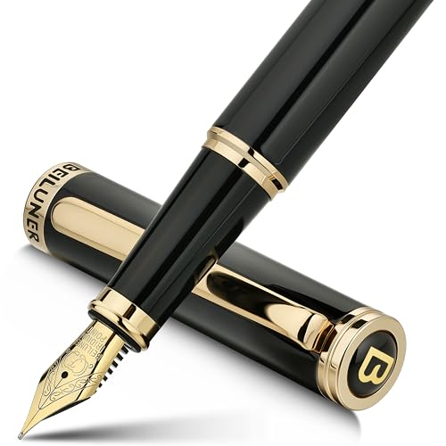BEILUNER Luxury Fountain Pen, Piano Lacquer with 24K Gold Finish, Reliable Gift with Converter for Him and Her, Elegant Pen - Black and Gold, Fine Nib